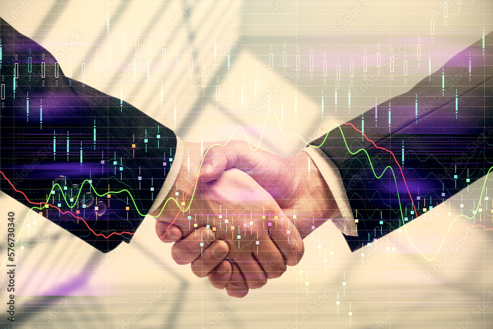 Poster double exposure of forex graph hologram and handshake of two men. stock market concept.