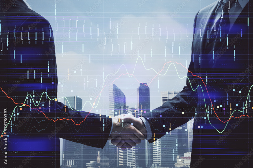 Poster double exposure of forex graph hologram and handshake of two men. stock market concept.