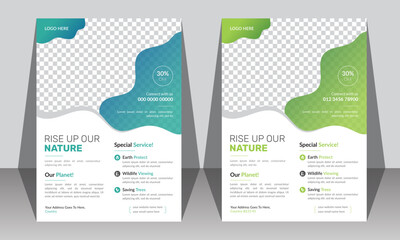 realistic nature template design. Nature awesome Flyer. Modern green leaf, environment design. Vector nature flyer template design. wild nature A4 flyer template. vertical poster for nature.
