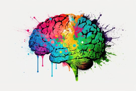 Brain illustration watercolor vivid colorful splashes style. Mental health awareness month generative ai