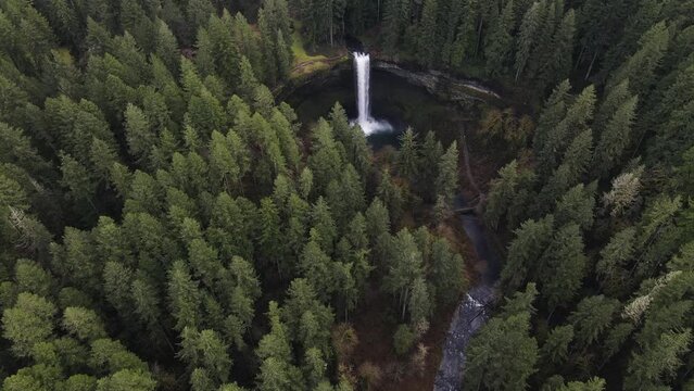 Aerial view of Frenchie Falls waterfall at Frenchie Falls National Park, Oregon, United States.