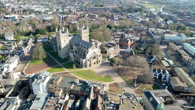 Orbiting Exeter Cathedral in the city centre of Exeter, Devon, UK