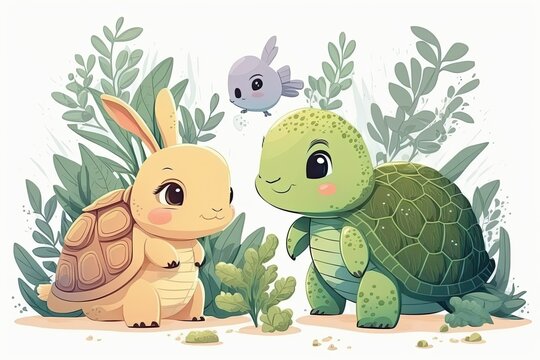Turtle and Rabbit in Children's Stories. Generative AI