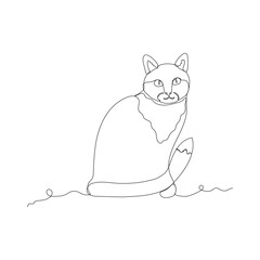Continuous one line drawing. Cat sitting with curled tail. Vector illustration