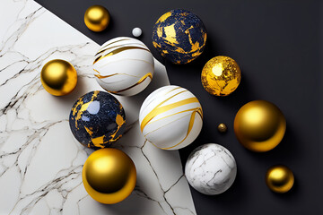 A marble table with gold and white marbles. Generative ai