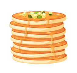Pancakes with fruits isolated on white background