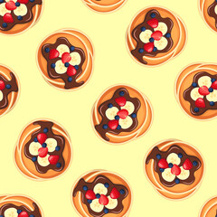 Seamless pattern. Pancakes with fruits and chocolate