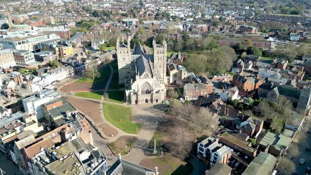 Orbiting ancient Exeter Cathedral in the city centre of Exeter, Devon, UK