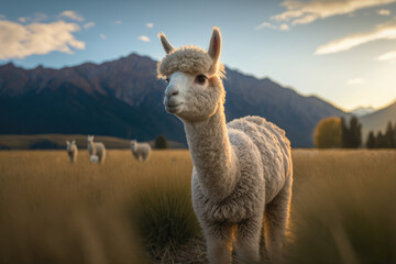 Fototapeta premium A white alpaca looks into the camera on the background of the Andes. Close-up. Photorealistic illustration generated by AI. 