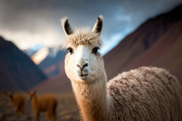 Obraz premium A white alpaca looks into the camera on the background of the Andes. Close-up. Photorealistic illustration generated by AI. 