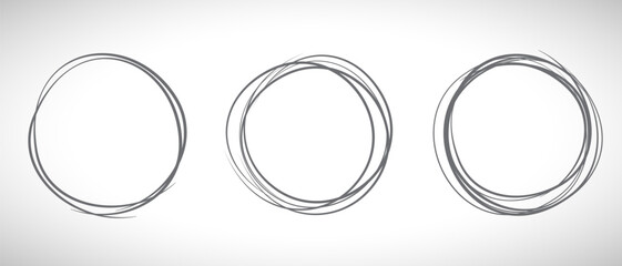 Grey circle line hand drawn set. Highlight hand drawing circle isolated on background. Round handwritten circle. For marking text, note, mark icon, number, marker pen, pencil and text check, vector