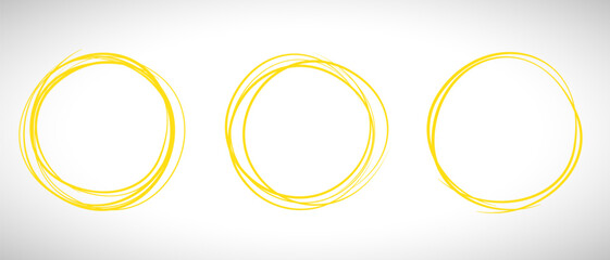 Yellow circle line hand drawn set. Highlight hand drawing circle isolated on background. Round handwritten circle. For marking text, note, mark icon, number, marker pen, pencil and text check, vector