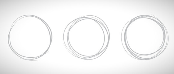 Grey circle line hand drawn set. Highlight hand drawing circle isolated on background. Round handwritten circle. For marking text, note, mark icon, number, marker pen, pencil and text check, vector