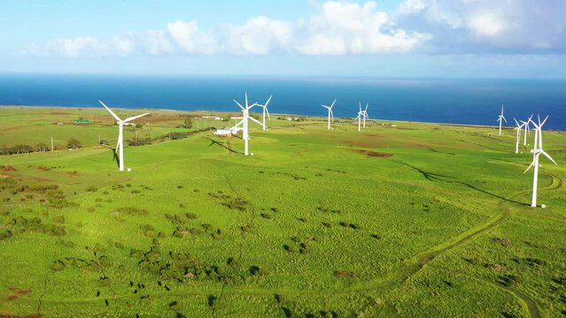 Aerial view of the Hawi Wind Farm, Hawi, North Kohala, Hawaii Island, Hawaii, United States.