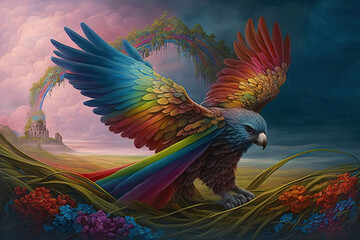 Fototapeta premium Across the Rainbow Meadow: An Allegory of Feathered Flight Generative AI