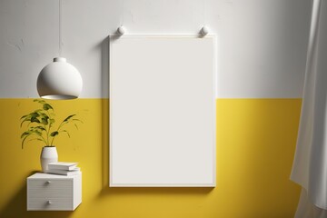 White Poster mockup on Vibrant Yellow and white Wall colors, Generative AI