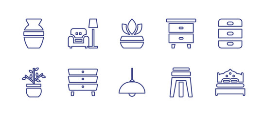 Home decoration line icon set. Editable stroke. Vector illustration. Containing vase, rest, fern, nightstand, drawer, succulent, bedside table, lamp, stool, double bed