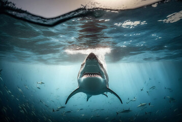 an adult great shark with a large mouth and many sharp teeth underwater, swimming on the hunt, fictional place and shark species. Generative AI