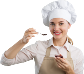 A beautiful young woman in chef hat is holding a spoon,