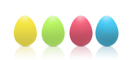 Four colorful Easter eggs in a row. Illustration of Easter Eggs set Lined up with different colors on a transparent background with reflexion. PNG. Mock up eggs for your design and creativity.