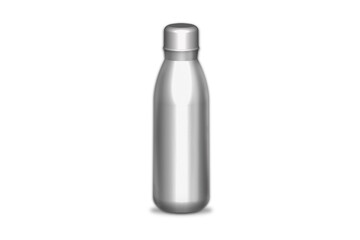 Empty blank stainless metallic reusable water or coffee or tea bottle Mock up isolated on a grey background. Zero waste concept. 3d rendering. Stainless water tumbler mockup, sport equipment.