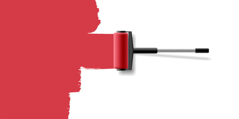 Paint roller with a long handle paints the wall red. View from above. Design concept of house painting, interior, creative ideas.