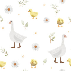 Seamless watercolor pattern goose and little ducklings with sprigs of leaves and daisies.