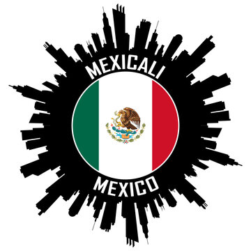 Mexicali Mexico Flag Skyline Silhouette Mexicali Mexico Lover Travel Souvenir Sticker Vector Illustration SVG EPS AI