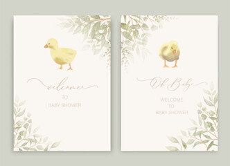 Cute baby shower watercolor invitation card for baby and kids new born celebration. Little ducklings with green leaves. - obrazy, fototapety, plakaty