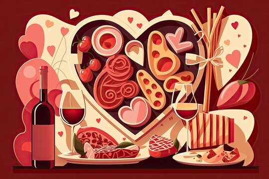 Wine and antipasto delicatessen nibbles on a Valentine's Day themed background. We have grapes, figs, cheese, bread sticks, prosciutto, and meat. Valentine's Day appetizers, gourmet meals, and a roman
