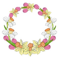 Easter flowers wreath. Design element for invitation and greeting card.