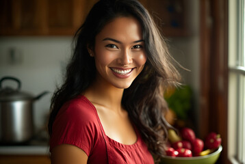 young adult woman indoor, interior or kitchen, red dress dark long hair, smiling on face, front view. Generative AI