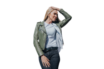 Attractive hipster female standing outside against transparent background enjoys sunny day. Attractive young woman tired, walking, waiting for boyfriend. City and people. Active people. Model outdoors