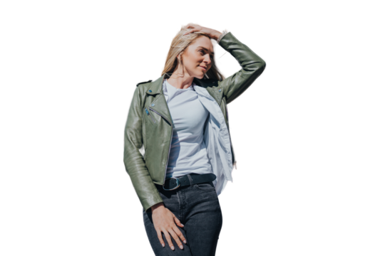 Attractive hipster female standing outside against transparent background enjoys sunny day. Attractive young woman tired, walking, waiting for boyfriend. City and people. Active people. Model outdoors