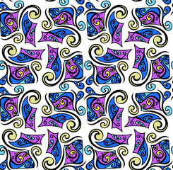 Medieval Inspired Graphic Motifs Print in  Blue, Purple, Yellow, Stroked in Black, Seamless Repeating Patten Tile