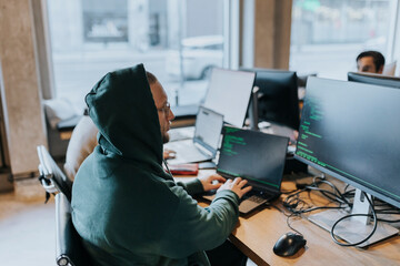 Young male hacker using laptop while coding on computer at desk in startup company