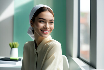 young adult woman with fashionable headscarf and a business outfit is sitting on a chair in front of a window at a table. Generative AI