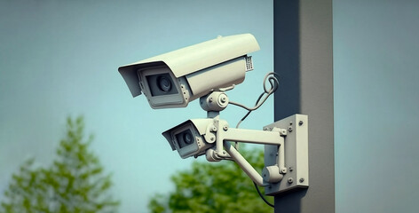 Surveillance camera on the facade of the building, video surveillance, surveillance technology.Protection of property. Public safety of the urban environment. CCTV advertisement, banner.Place for text