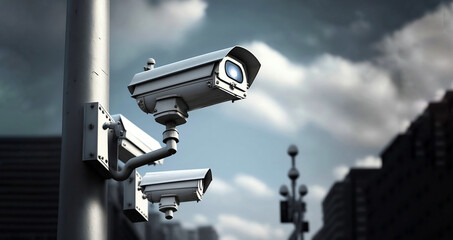Surveillance camera on the facade of the building, video surveillance, surveillance technology.Protection of property. Public safety of the urban environment. CCTV advertisement, banner.Place for text