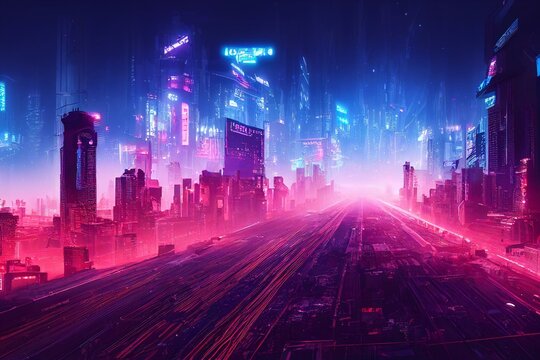 Cyberpunk city neon skyline. Generative ai © Jonatan