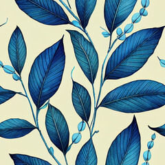 Blue plant flowers, foliage, abstract illustration, seamless pattern