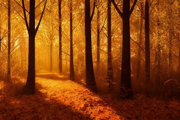Illustration of golden autumn forest with sunlgiht. Generative AI