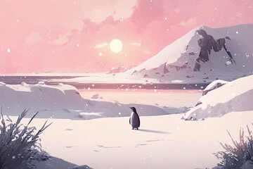 Pink Sunset Illuminates a Snowy Landscape A Penguin in the Distance Marches On. Generative AI