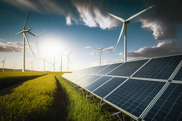 Field of Dreams Witness the Power of Solar Panels and Wind Turbines Generating Renewable Energy. Generative AI