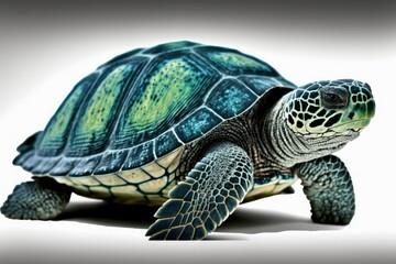 Photograph of a single green turtle against a white background. Generative AI