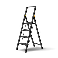 3D modern folding stairs, black color. Concept of repair, building, reach, up ideas. Realistic ladder on white background with shadow.