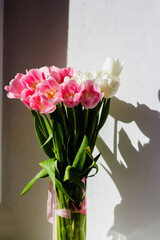 Bouquet of pink tulips, top view, spring bouquet.