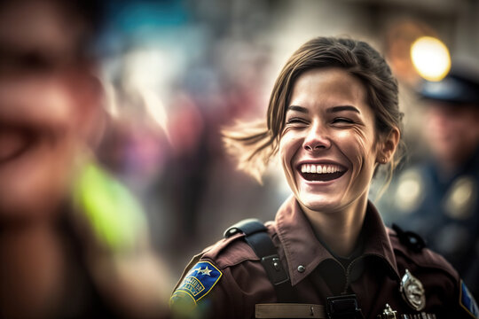 Generative AI image of laughing female police officer