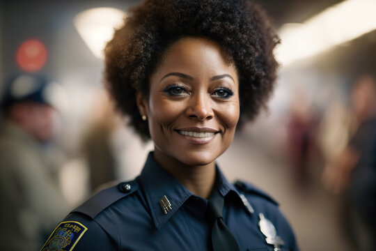 Generative AI illustration of smiling ethnic policewoman