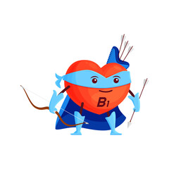 Cartoon vitamin B1 superhero character. Vector thiamin micronutrient defender, comics book personage in shape of heart wear cape and mask with bow and arrows. Fantasy super hero bubble supplement
